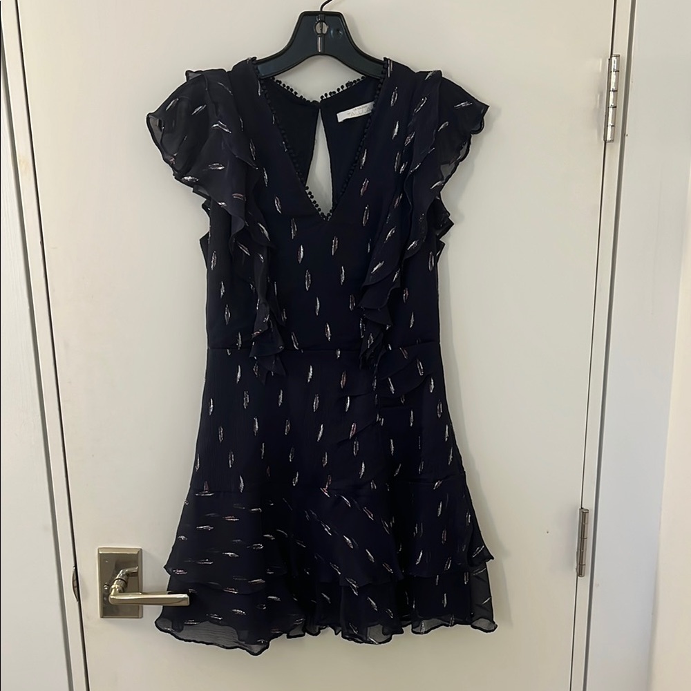 La Maison Talulah Navy Blue Ruffle Dress with Silver Details